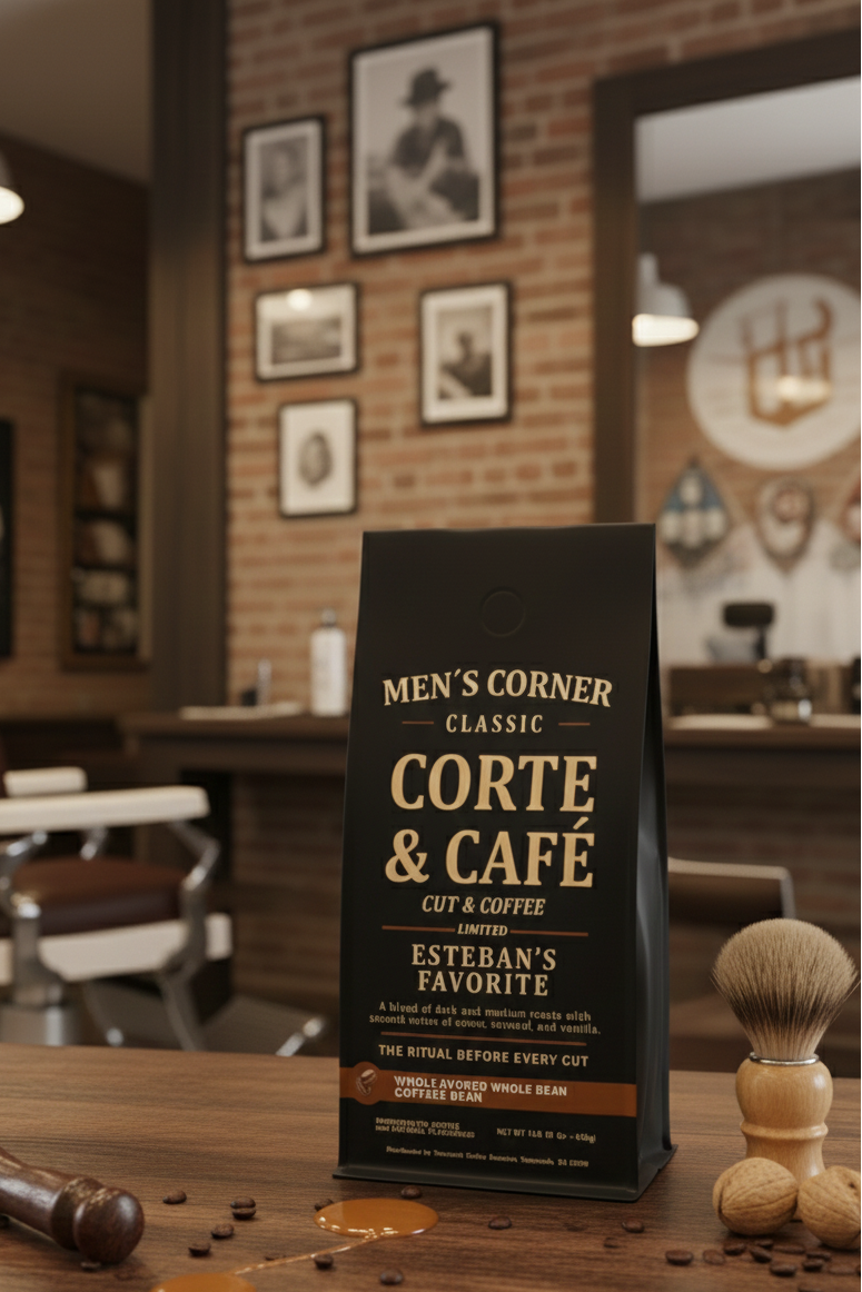 Corte & Cafe coffee package on a bar counter with a barbershop background